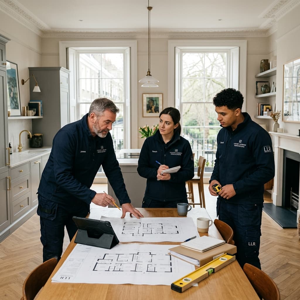 Brightside Property Services team reviewing renovation plans in a London home