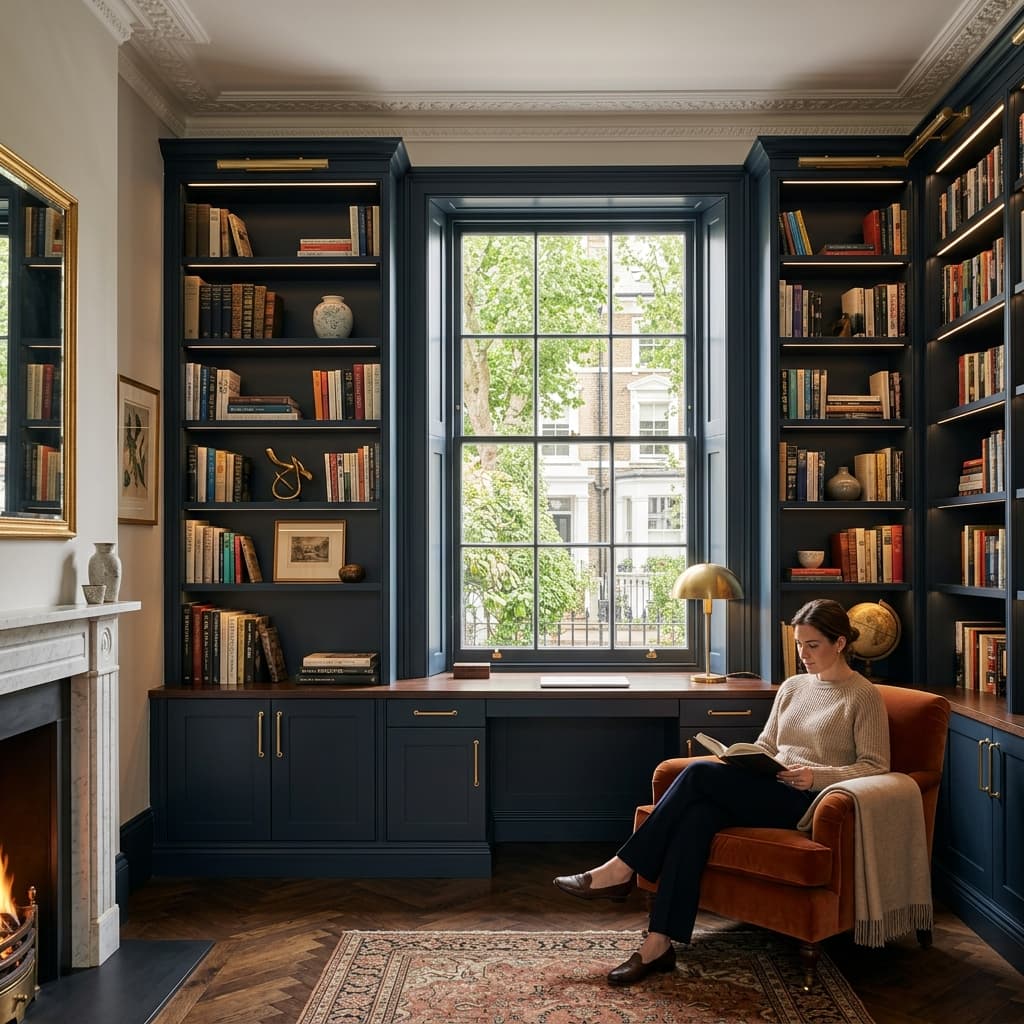 Custom built-in bookshelves and cabinetry in navy with gold hardware in a London home